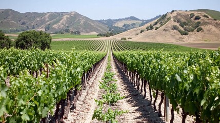 Rows of grapevines in a vineyard, with rolling hills in the background, on a sunny day.