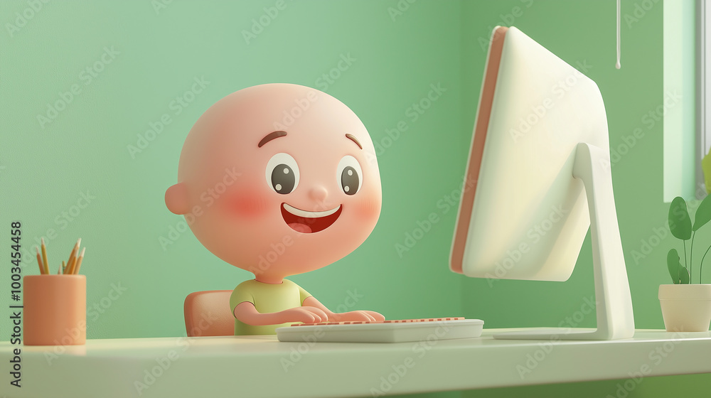 Aufkleber happy cartoon kid using a desktop computer on a clean desk