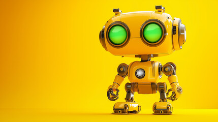 Yellow robot standing on yellow background with green eyes