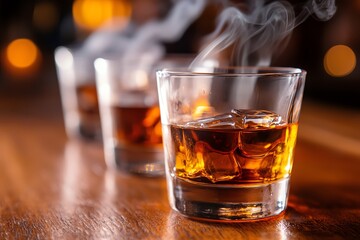Three glasses of whiskey with ice and steam rising, warm ambiance, rustic wooden table.