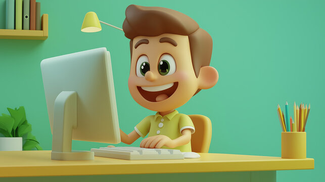Happy cartoon kid using a desktop computer for online education