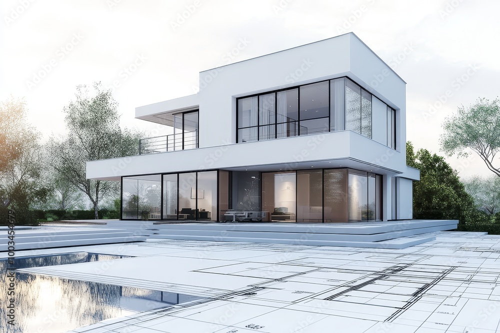 Poster a modern white house with large windows and a swimming pool sits on top of blueprints.