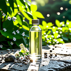 A glowing, transparent water bottle surrounded by a tranquil outdoor setting.