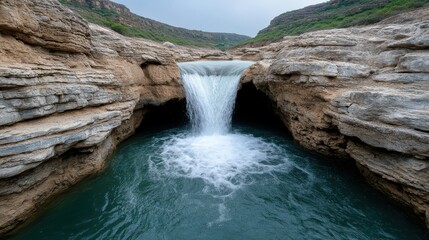 Fototapeta premium Scenic waterfall cascading into a serene turquoise pool, surrounded by rocky cliffs.
