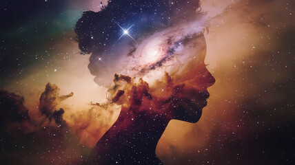 Fototapeta premium Artistic double exposure of a person’s profile merged with a starry galaxy and nebula, creating a dreamy cosmic connection