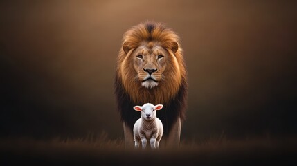 A powerful lion stands confidently with a small lamb in a serene setting.