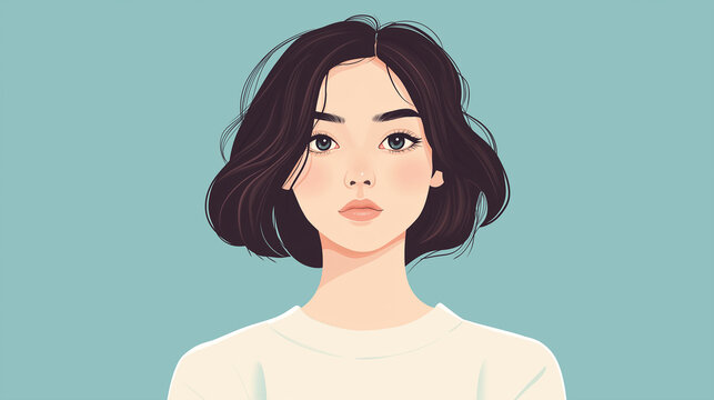 Young woman posing with neutral expression and bob hairstyle illustration
