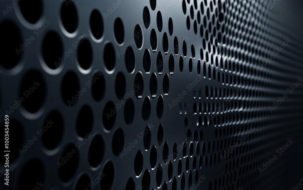 Poster a close-up of a dark metal surface with a repeating pattern of circular holes.