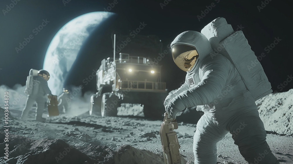 Poster astronauts exploring moon surface with rover and earth in background
