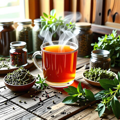 A soothing collection of herbal teas in a rustic setting, with steam rising from a mug.