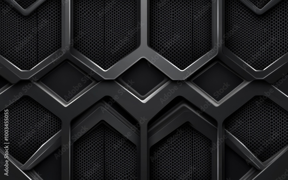 Poster Abstract black and grey geometric shapes with metallic mesh pattern.