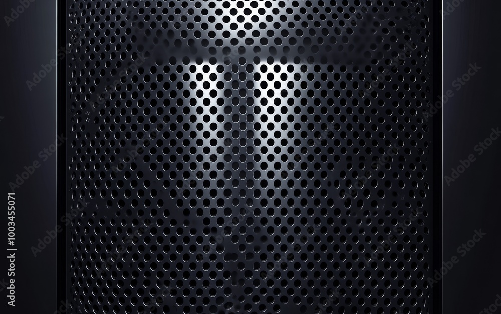 Poster close-up of a black perforated metal panel with a repeating pattern of round holes.