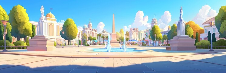 Fototapeta premium A city square with a fountain, surrounded by buildings and trees under a blue sky.