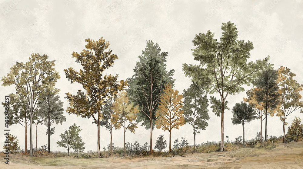 Poster green and yellow trees growing in a row on a hillside