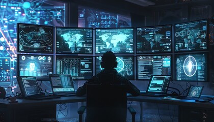 Cybersecurity Analyst Focused on Monitors Showing Encryption Codes