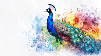 Fototapeta premium Colorful peacock posing in a watercolor painting style
