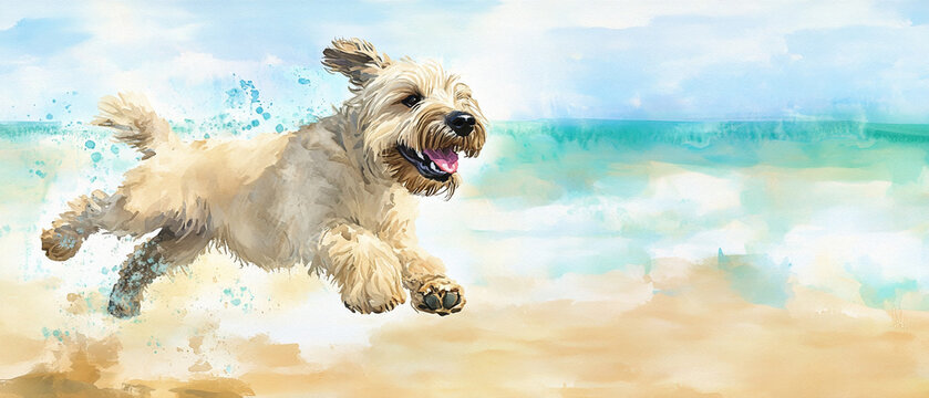 Soft Coated Wheaten Terrier Dog Running Playfully in a Field
