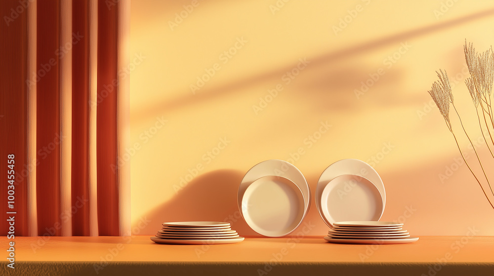 Poster Minimalist dining setting casting shadows on a table