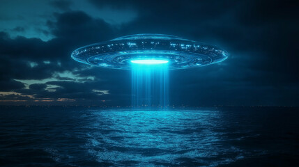 Unidentified flying object hovering over water at night with blue lights