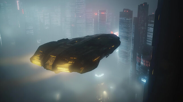 Futuristic spaceship flying over cyberpunk city on a foggy night