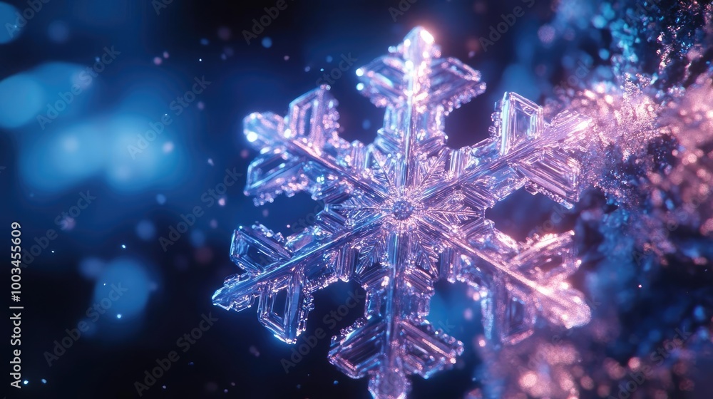 Poster a beautiful snowflake with intricate crystal patterns illuminated by soft blue and pink light, creat