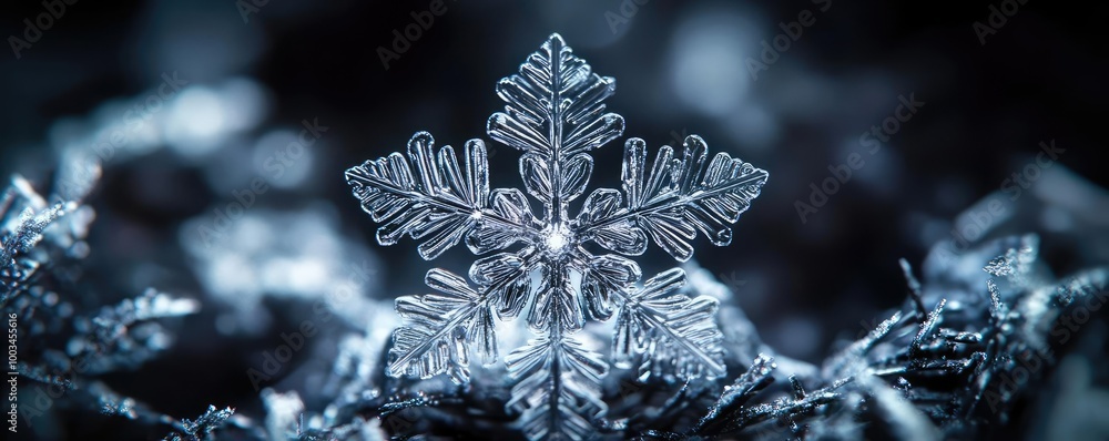 Poster a close-up of an intricate snowflake resting on a frosty surface, showcasing stunning details and de