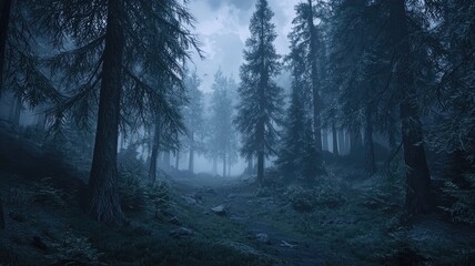 Obraz premium A Foggy Path Through a Dark and Mysterious Pine Forest