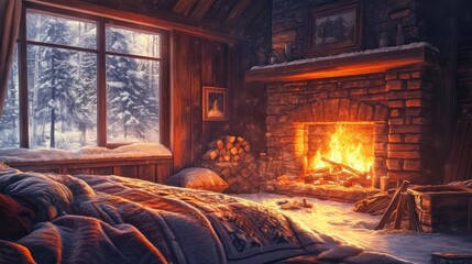 Cozy winter cabin interior with a warm fireplace, inviting bed, and snowy landscape outside, perfect for relaxation and comfort.