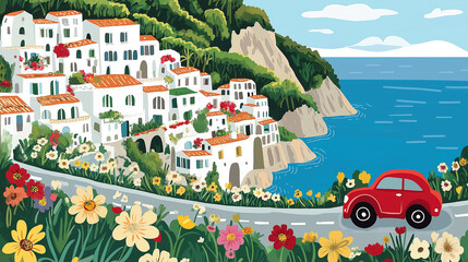 Red car driving on road along amalfi coast in italy illustration