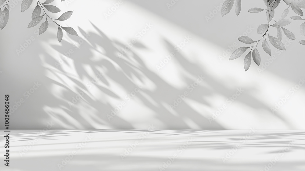 Aufkleber empty white studio table with leaves shadows for product placement