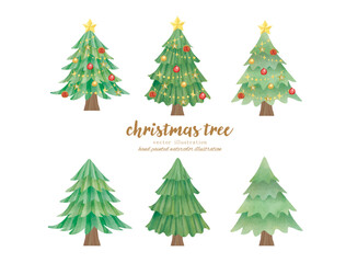 可愛い水彩タッチのクリスマスツリーのベクターイラストセット