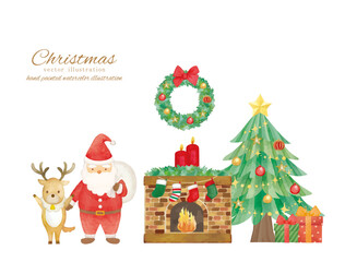 水彩タッチのサンタクロースとクリスマスの飾りの暖炉のある部屋