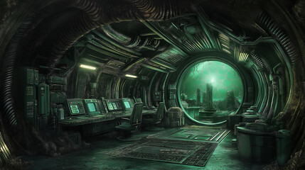 Futuristic alien spaceship bridge showing underwater city view