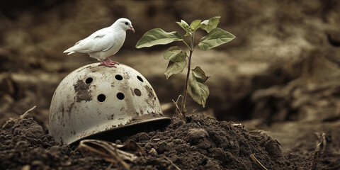 Obraz premium White dove of peace perched on a worn soldier’s helmet or missile, surrounded by fresh green sprouts breaking through the earth, symbolizing peace and hope in the context of war and destruction.