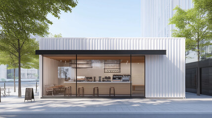 Modern coffee shop made from shipping container with large windows on sunny day