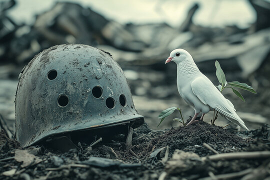 White dove of peace perched on a worn soldier&rsquo;s helmet or missile, surrounded by fresh green sprouts breaking through the earth, symbolizing peace and hope in the context of war and destruction.