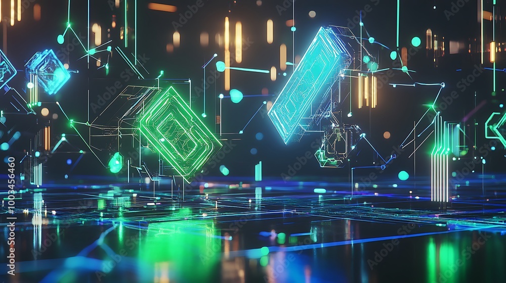 Poster abstract glowing lines and shapes on a digital background.