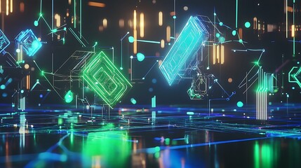 Abstract glowing lines and shapes on a digital background.
