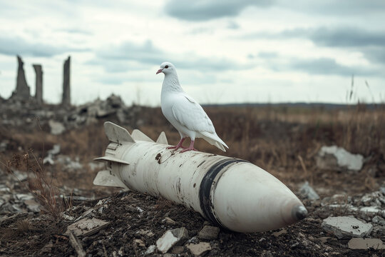 White dove of peace perched on a worn soldier&rsquo;s helmet or missile, surrounded by fresh green sprouts breaking through the earth, symbolizing peace and hope in the context of war and destruction.