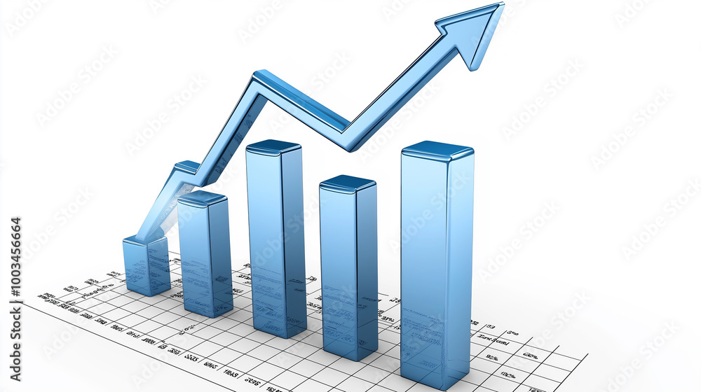 Poster blue chart bars increasing with upward arrow showing growth