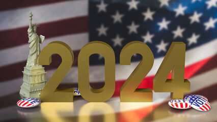 The brooch vote and statue of liberty on USA flag for U.S. presidential election concept 3d rendering.