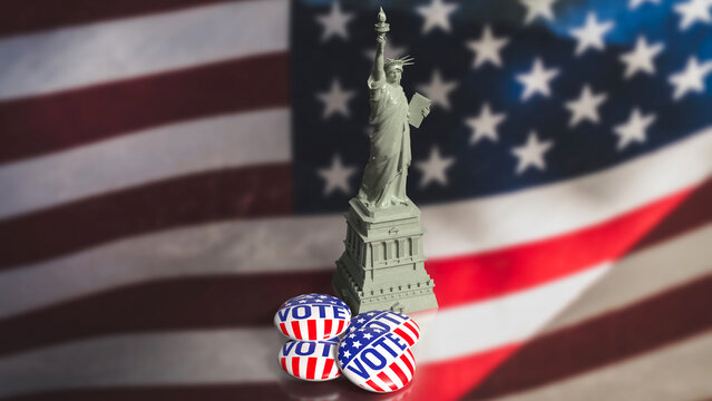 The brooch vote and statue of liberty on USA flag for U.S. presidential election concept 3d rendering. - Powered by Adobe