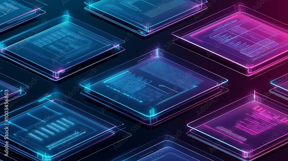 Aufkleber A pattern of digital screens with glowing blue and pink edges and data displayed on each screen.