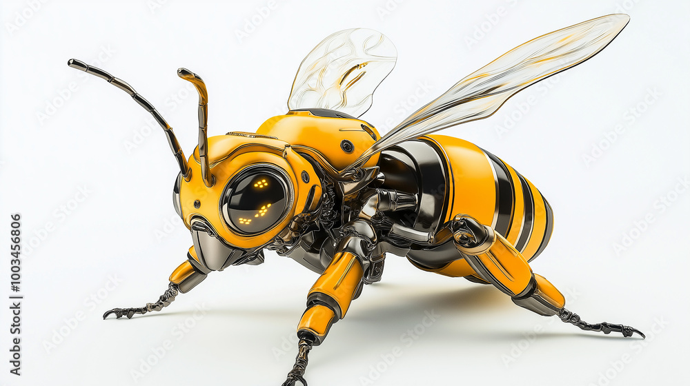 Aufkleber metallic robotic bee standing on white surface with glowing eyes