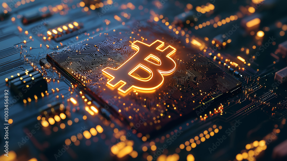 Aufkleber Bitcoin cryptocurrency symbol glowing on circuit board mining farm