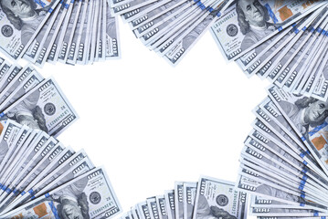 Hundred dollar bills stacked with empty space in middle
