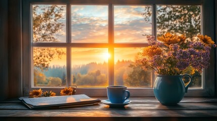 A cup of coffee on a wooden window sill overlooking a sunset with a vase of flowers.