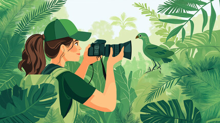 Female wildlife photographer taking pictures in tropical forest