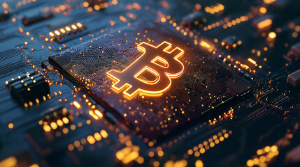 Bitcoin cryptocurrency symbol glowing on circuit board mining farm
