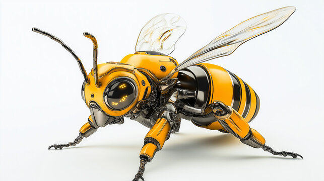 Metallic robotic bee standing on white surface with glowing eyes